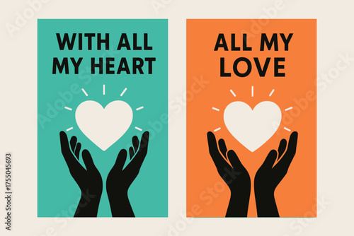 Minimalist Heart Banners. Affection. Two vertical A6 banners, minimal, turquoise and orange backgrounds, hands holding a glowing heart, first banner with text
