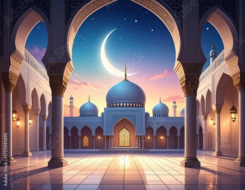 Majestic mosque illuminated by moonlight, viewed through an arched gateway.