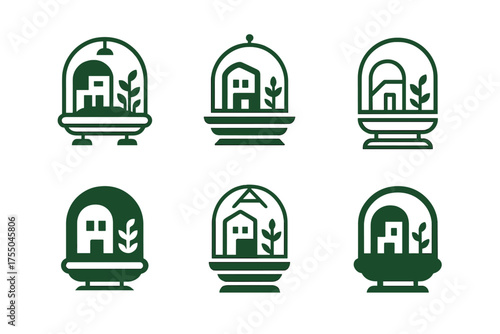 Futuristic Habitat Logos. A futuristic space habitat with living quarters, gardens, and workspaces. Set Logo of A futuristic space habitat with