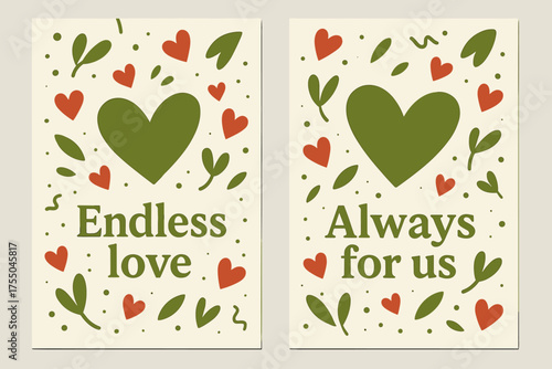 Endless Love Banners. Endless love. Two vertical A6 banners with safe margins, centered composition, no elements touching edges, memphis, olive green and