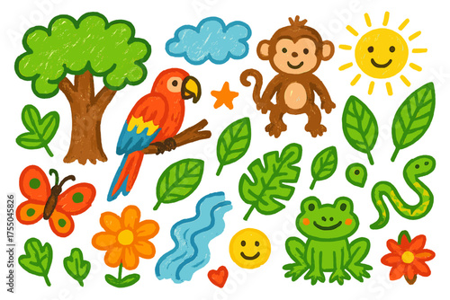 Amazon Jungle Doodle. Amazon Rainforest. Colorful Hand-drawn doodle Children illustration tree, parrot, monkey, butterfly, flower, river, leaf, star, heart,