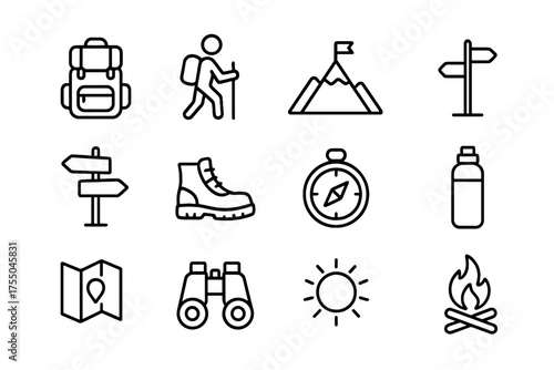 Adventure Hiking Icons. Adventure hiking. Line icon set of Adventure hiking: backpack, hiker, mountain peak, trekking pole, trail sign, hiking boots, compass,