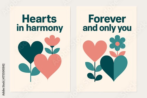 Hearts and Harmony. Hearts in harmony. Two vertical A6 banners with safe margins, centered composition, no elements touching edges, bauhaus, pink and teal,