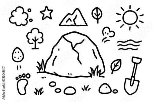 Boulder Doodle Elements. Boulder. Hand-drawn doodle illustration boulder rock, stone, mountain, crack, pebble, grass, tree, leaf, star, footprint, shovel,