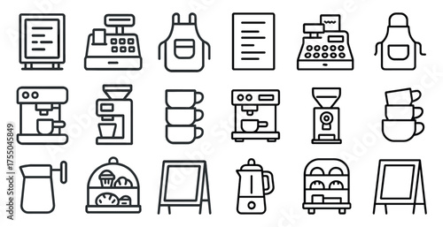 Coffee shop line icons set – outline, cafe, barista essentials for small businesses