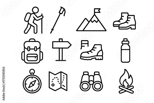 Summit Hike Icons. Summit hike. Line icon set of Summit hike: hiker, trekking pole, mountain peak, backpack, trail sign, hiking boots, compass, map, water