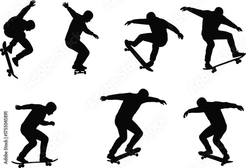 Skateboarder silhouette illustration performing tricks, jump, balance, landing, dynamic motion, extreme sport, urban lifestyle concept design