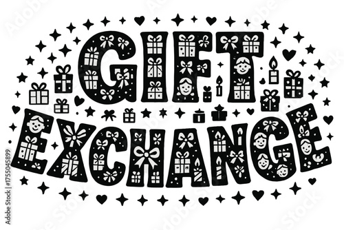 Gift Exchange Art. Decorative Display Lettering: "Gift Exchange" ? letters filled with miniature icons of presents, bows, family members, and candles, curved