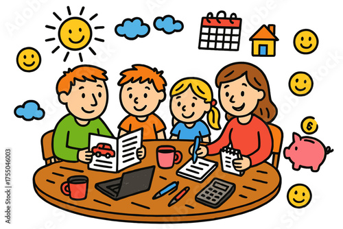 Family Purchase Discussion. Major Purchase Talk. Colorful Hand-drawn doodle Children illustration family discussion, car brochure, laptop, notebook,