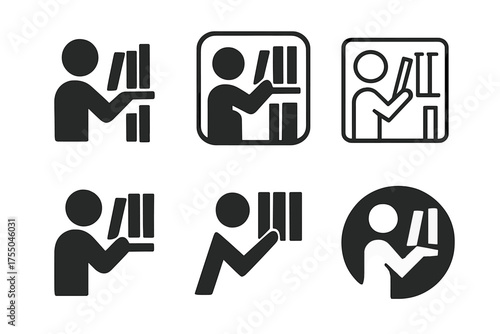 Library Logo Variations. Person in Library. Set Logo of Person in Library: person browsing bookshelves. harmonious logo variations of the same emblematic
