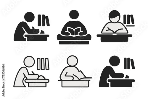 Library Logo Variations. Person in Library. Set Logo of Person in Library: person studying at a table. harmonious logo variations of the same emblematic