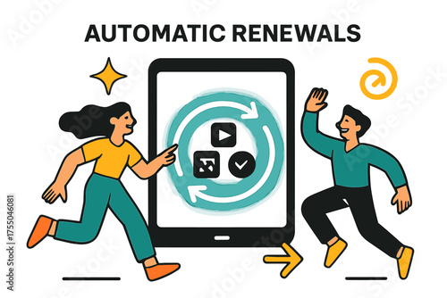 Subscription Renewal Dynamics. Automatic renewals. Glowing looped arrows circling around subscription icons on a tablet screen. Floating icons of sparkle,