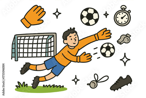 Goalkeeper Action Doodle. Goalkeeper Diving. Hand-drawn doodle illustration goalkeeper (colored), goal net (colored), soccer ball (colored), sparkle, star,