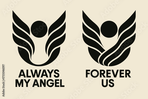 Abstract Angel Wings. Soul Connection. Two vertical A6 banners with safe margins, centered composition, no elements touching edges, bauhaus style, black and