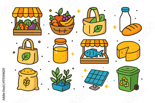 Sustainable Market Icons. Sustainable Food Markets. Colorful isometric vector icons set of sustainable food markets: vegetable stall, fruit basket, organic