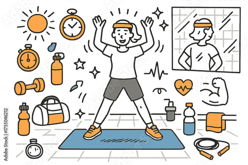 Energetic Exercise Icons. Jumping Jacks. Hand-drawn doodle illustration Person, jumping jacks, sweat drop, exercise mat, sneakers, stopwatch, dumbbell, water