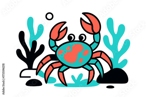 Colorful Crab Adventure. Unique Crab Species. Colorful crab crawling over abstract coral shapes, floating bubbles and rocks enhancing underwater environment.