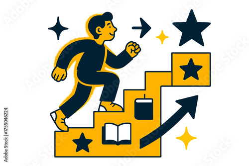 Climbing Steps of Knowledge. Guided progress. Glowing learner climbing abstract steps of lessons, each step marked by icons like books and stars. Floating