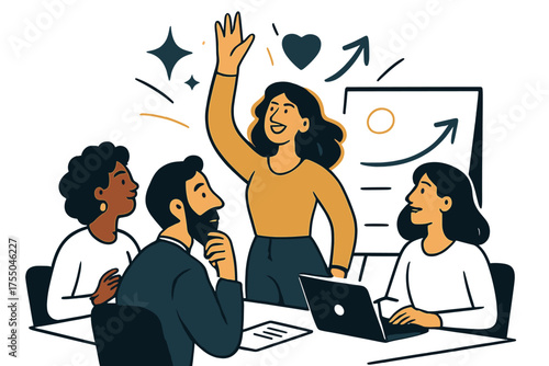 Empowering Conference Scene. Empowering role. Glowing woman raising hand in conference room as others look on with inspiration. Floating icons of sparkle,