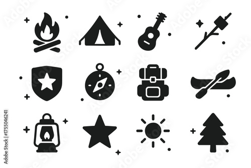 Camping Essentials Icons. Friendship circle. Solid icons set of Friendship circle: campfire, tent, guitar, marshmallow stick, badge, compass, backpack, canoe,