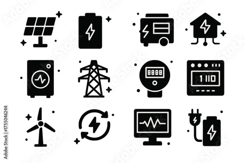 Resilient Energy Icons. Resilient Energy Systems. Solid icons set of Resilient Energy Systems: solar panel, battery storage, generator, microgrid