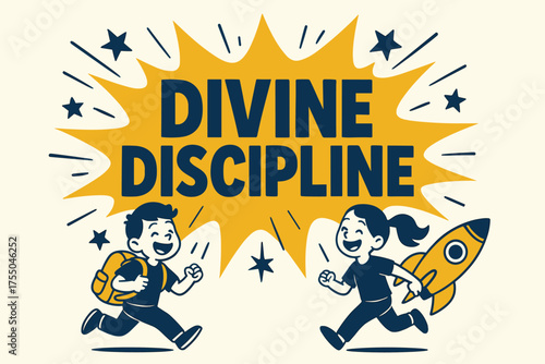 Divine Discipline Splash. Divine Discipline banner, flat vector illustration, bold oversized text inside splash explosion, cartoon characters running and