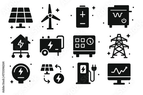 Sustainable Microgrid Icons. Sustainable Microgrids. Solid icons set of Sustainable Microgrids: solar panel, wind turbine, battery, inverter, microgrid hub,