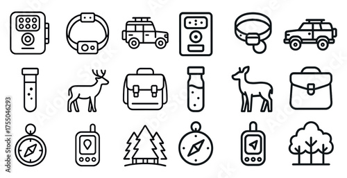 Outdoor adventure icons set – line, silhouette, hiking and camping symbols