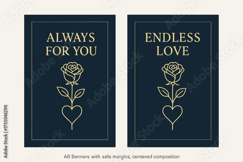 Elegant Valentine Banners. Valentine. Two vertical A6 banners with safe margins, centered composition, no elements touching edges, modern minimal, navy and