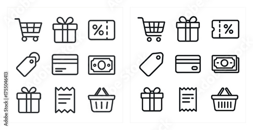 Shopping outline icons set – linear, retail, commerce and point of sale symbols