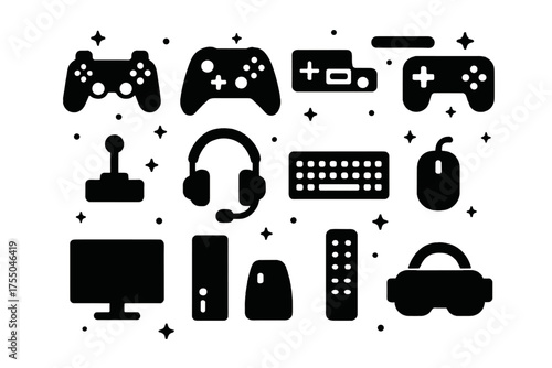 Gaming Controllers Grid. gaming console controllers. Solid icons set of gaming console controllers: playstation, xbox, nintendo, gamepad, joystick, headset,