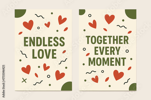 Endless Love Banners. Endless love. Two vertical A6 banners with safe margins, centered composition, no elements touching edges, memphis, olive green and