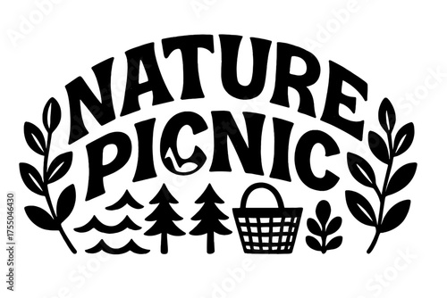 Nature Picnic Art. Nature Picnic ? Decorative Display Lettering, playful fills with waves, trees, and basket motifs inside letters, arched curved word-shape