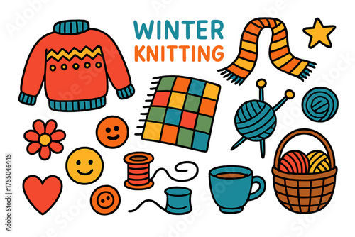 Winter Knitting Essentials. Winter Knitting. Colorful Hand-drawn doodle Children illustration sweater, scarf, blanket, yarn ball, needles, basket, flower,