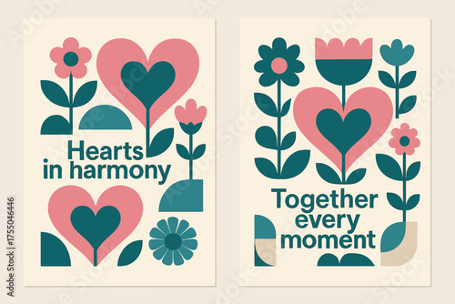 Hearts and Harmony. Hearts in harmony. Two vertical A6 banners with safe margins, centered composition, no elements touching edges, bauhaus, pink and teal,