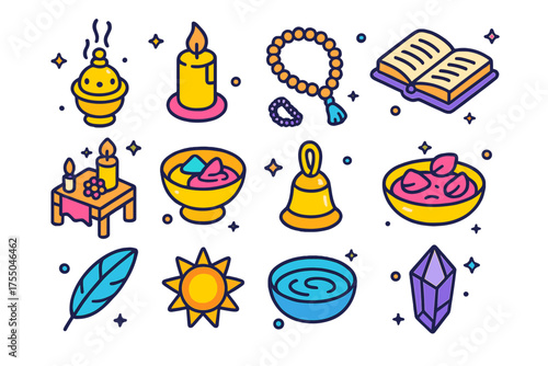 Sacred Ritual Icons. Sacred Ritual. Colorful isometric vector icons set of sacred ritual: incense burner, candle, prayer beads, open book, altar, offering