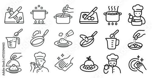 Cooking and kitchen outline icons set – linear, food preparation symbols and tools