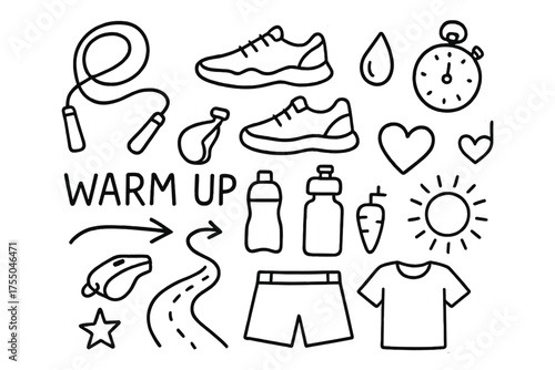 Warm Up Essentials. Warm up. Hand-drawn doodle illustration warm up jump rope, sneakers, stopwatch, whistle, water bottle, sweat droplet, heart, arrow, road,