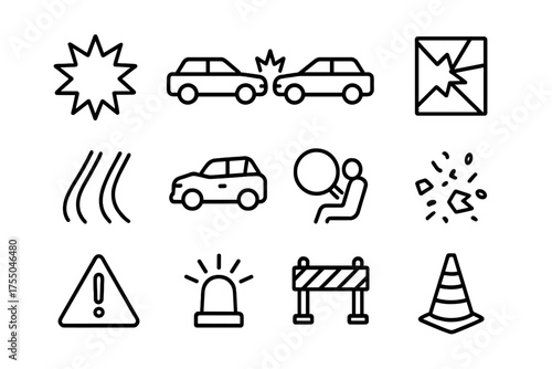 Emergency Crash Icons. Emergency crash. Line icon set of Emergency crash: impact explosion, car crash, two cars, broken glass, skid marks, crumpled vehicle,