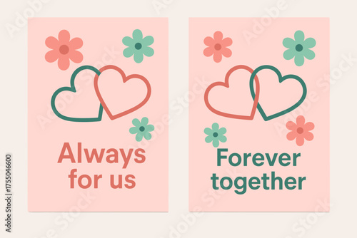 Intertwined Love Banners. Always for us. Two vertical A6 banners with safe margins, centered composition, no elements touching edges, flat vector design,