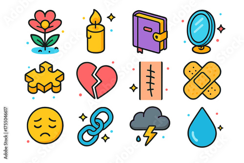 Emotional Strength Icons. Emotional Strength. Colorful isometric vector icons set of emotional strength: flower, candle, diary, mirror, puzzle piece, broken