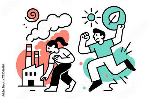 Industrial Pollution Dynamics. Pollution Contrast. A glowing industrial zone with smoke and abstract spark and swirl icons symbolizing environmental impact.