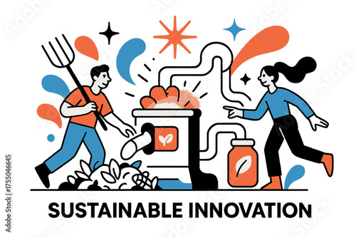 Eco-Innovation Machine. Sustainable Innovation. A glowing machine processing farm waste into eco-products, abstract spark and star icons symbolizing progress.