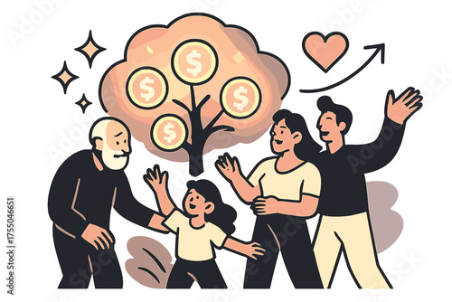 Generational Wealth Legacy. Generational wealth. Glowing family standing together under a glowing tree with coins growing like fruit. Floating icons of