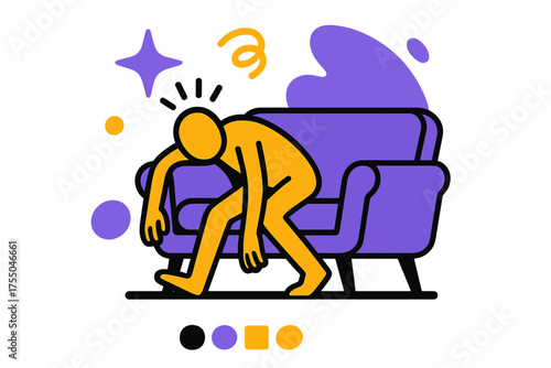 Exhausted Glow Figure. End of Day. A glowing figure collapsing onto a couch, abstract spark and swirl icons symbolizing depletion. Modern flat-line