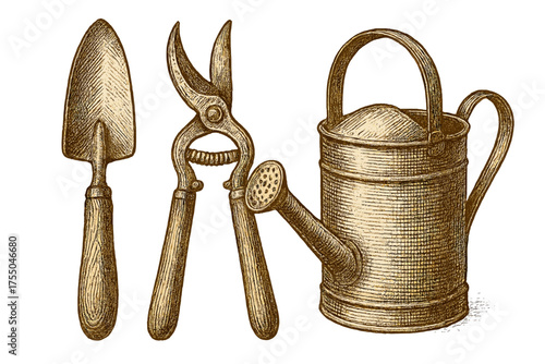 Vintage Botanical Tools. Botanical tools vintage engraving illustration, detailed etching style, monochrome ink drawing, gardener?s instruments including