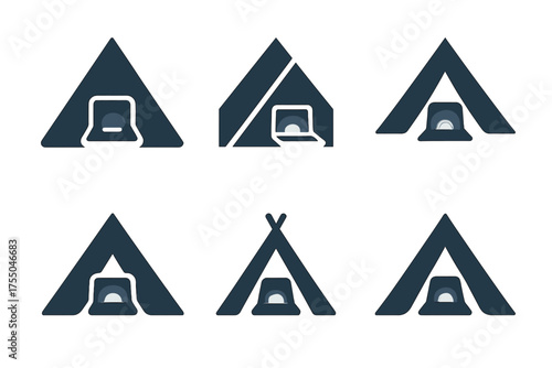 Digital Nomad Logos. Digital Nomad Lifestyle .. Set Logo of Digital Nomad Lifestyle .: tent with laptop glow. harmonious logo variations of the same emblematic