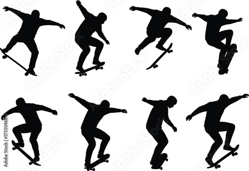 Skateboarder silhouette sequence performing tricks, extreme sport action, skateboarding jump, balance stunt, urban lifestyle, youth culture illustration