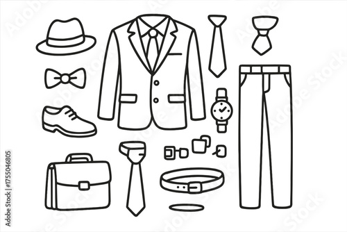Formal Attire Doodles. Formal Attire. Hand-drawn doodle illustration Formal Attire suit tie jacket shirt pants shoes cufflinks belt watch briefcase hat bowtie.