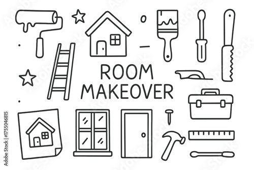 Room Makeover Tools. Room makeover. Hand-drawn doodle illustration room makeover paint roller, brush, ladder, hammer, screwdriver, saw, toolbox, blueprint,